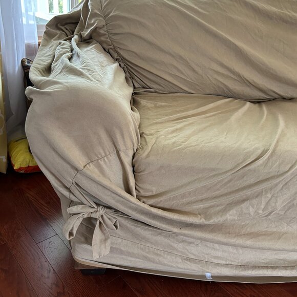 Soft Suede one piece couch slipcover with ties and cinched elastic - Picture 7 of 7